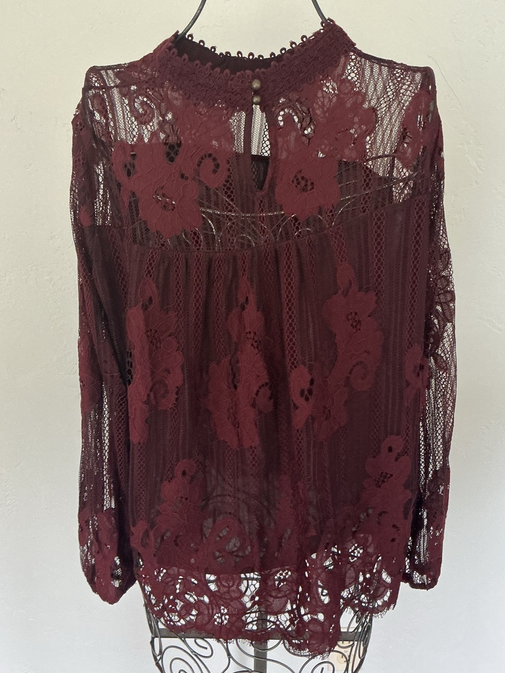Xhilaration Burgundy Lace High-Neck Long-Sleeve Blouse - Picture 4 of 8
